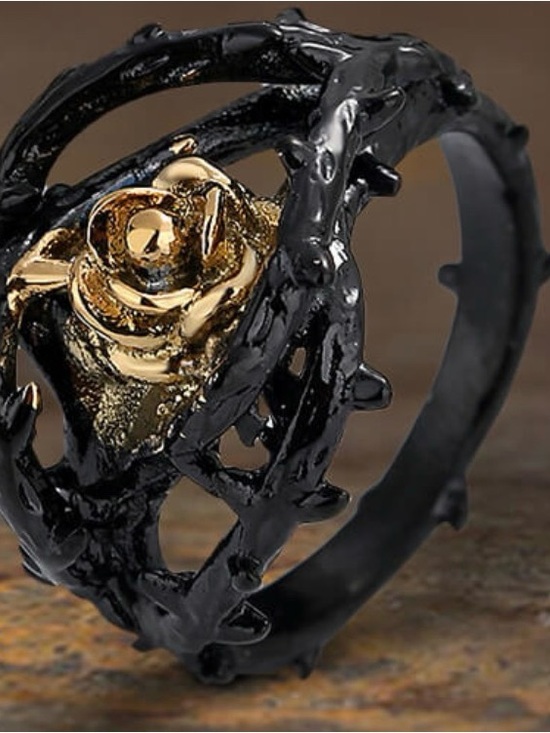 GTHC Jewelry - Black Thorn Ring with Gold Rose Accent - Women's Fashion Ring